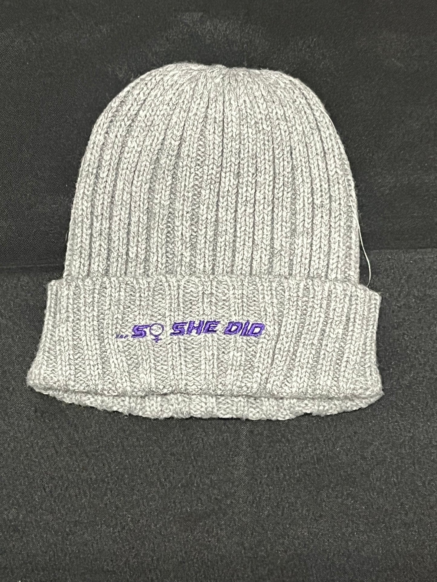 Grey & Purple Knitted "...So She Did" Beanie