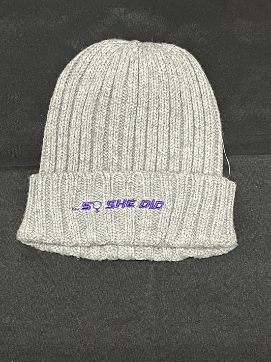 Grey & Purple Knitted "...So She Did" Beanie